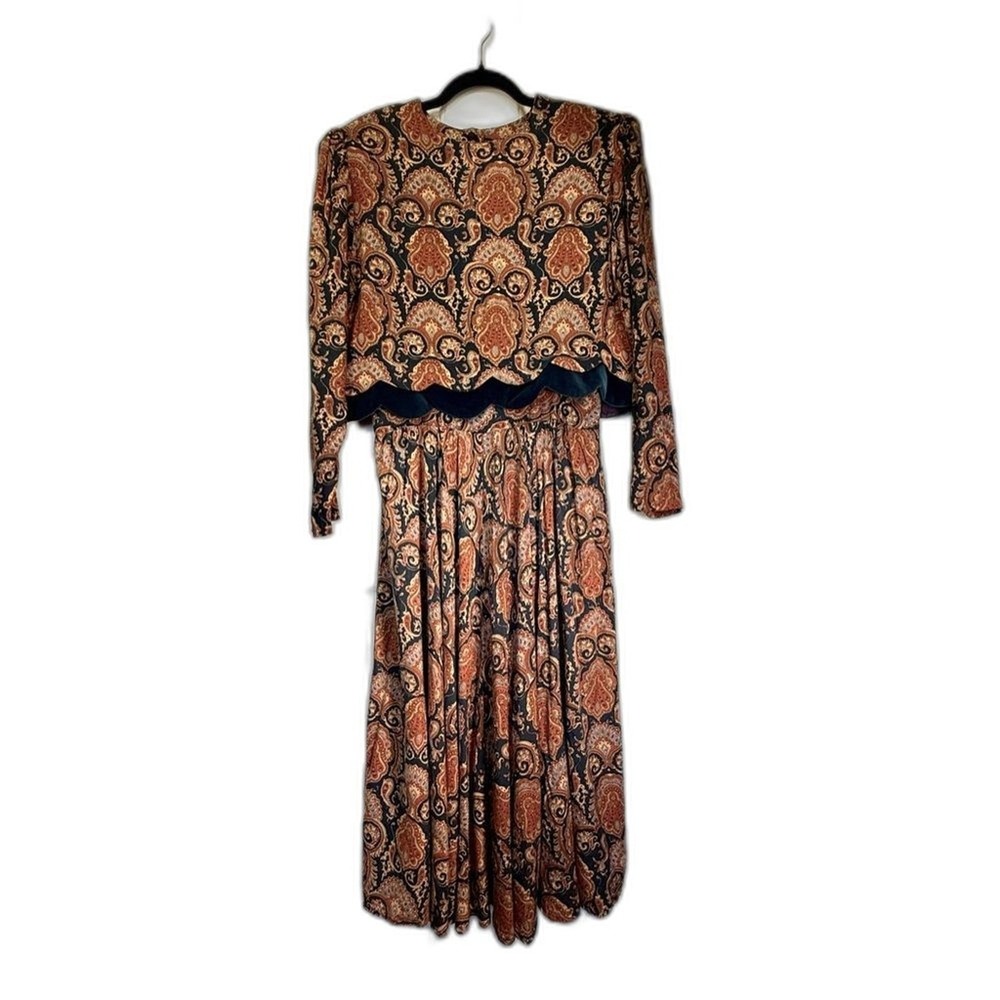 Vintage Karin Stevens Swing‎ Dress And Jacket Brown Blue Paisley Size 14 (Flaws)